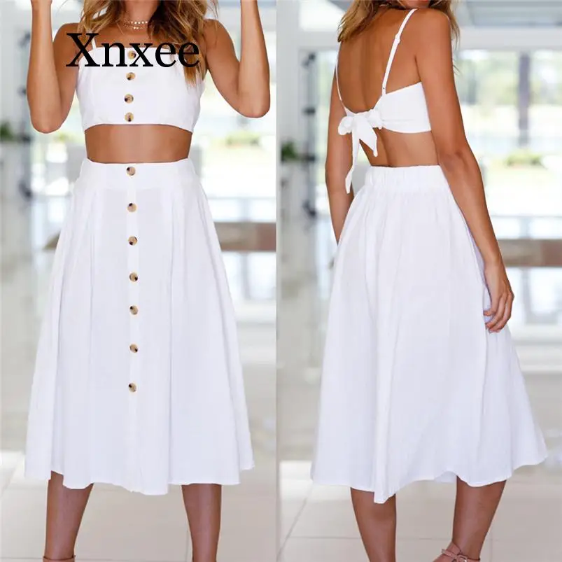 

New Summer Womens Two Pieces Holiday Bowknot Lace Up Beach Buttons Tops Skirt Set Pink White two piece set bikini long skirts