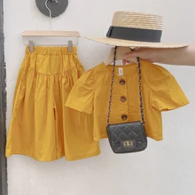 

Children's Clothing 2022 Spring Summer New Fashion Girls Short Sleeve Tops + High Waist Wide Leg Pants Sets For Kids Casual Suit