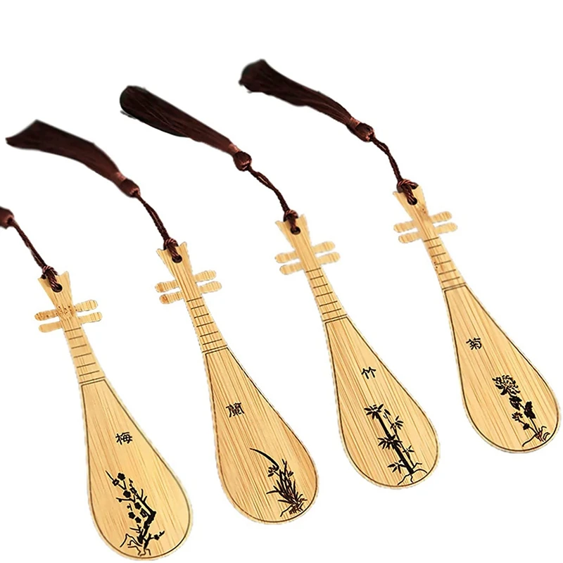 4PCS Bamboo Wooden Bookmarks with Tassels Retro Classical Musical Instrument Bookmark for Book Lovers |
