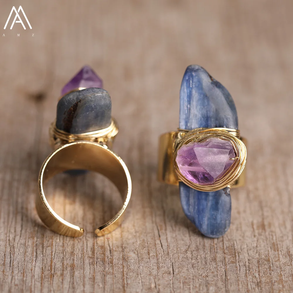 女性のための青い藍晶石のオープンリング,ヴィンテージブロンズ