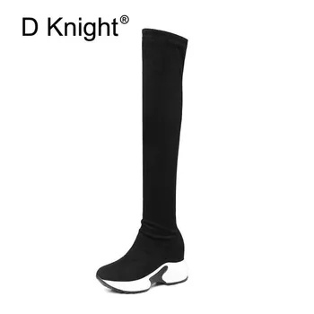 

D Knight Women Thigh High Boots 2019 Winter New Thick Bottom Sock Boots Sexy Matte Stretch Long Boots Shoes Woma Plus Size 34-43