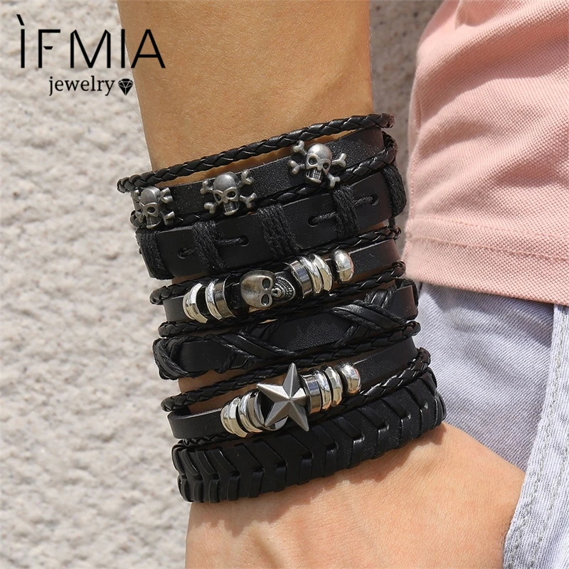 Fashion 6Pcs Set Gothic Punk Skull Star Metal Multilayer Leather Bracelet Men Bracelets & Bangles - Image 2