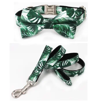 

Dog Collar and Leash Set with Bow Tie Pretty Tropical Leaves Metal Buckle Big and Small Dog&Cat Collar Pet Accessories