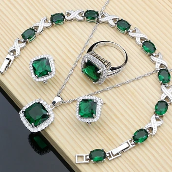 

Elegant Women 925 Silver Jewelry Set with Green Zircon Wedding Party Jewelry Kits Hoop Earrings Bracelet Dropshipping Gift