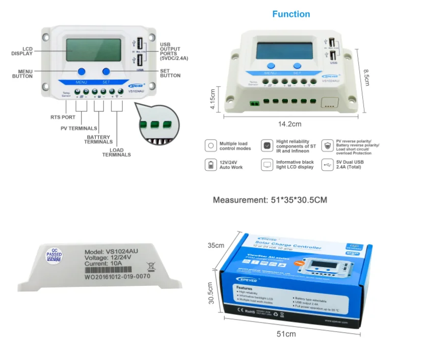 EPEVER 10A за максимальной точкой мощности, Солнечный Контроллер заряда 12 V/24 V Авто CE по ограничению на использование опасных материалов в производстве двойной USB зарядка Порты PWM регулятором солнечного Мощность зарядка освещения контроллер