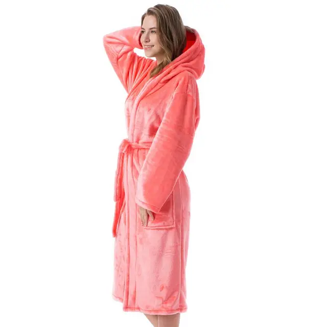 2020 Winter Kimono Robe Plush Fleece Bath Robes For Women Soft Warm Long Sleeve Hooded Nightgown Loungewear Sleepwear Watermelon Red