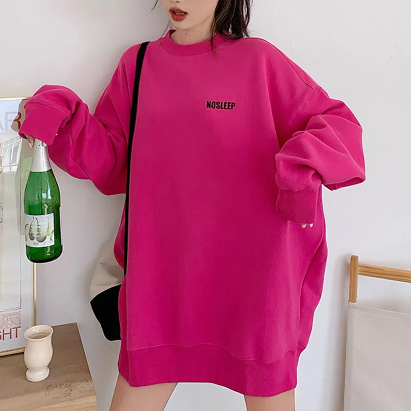 PERHAPS U Women Sweatshirts Letter Embroidery Fuchsia Gray Long Sleeve O Neck Loose Pullovers Casual Autumn Winter H0081 - Цвет: Фуксия