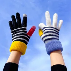 Winter Knited Gloves Womens Plus Velvet Warm Stripe Patchwork Cold Gloves Soft Skin-Friendly Touch Screen Cycling Driving Gloves