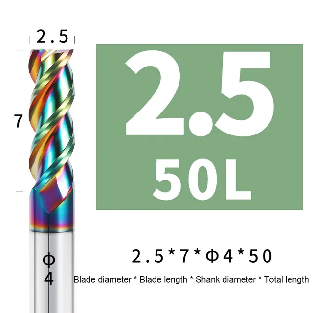 Colorful End Mill Aluminium HRC55 3F Milling Cutter Acrylic Wood Copper Plastic Cutting Tool CNC Maching Milling Tools Endmils 2.5X8XD4X50L