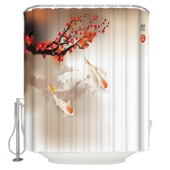 

Carp Cherry Blossom Red Shower Curtain Waterproof Polyester Bath Curtain