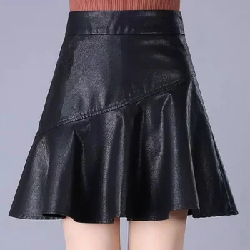 

2019 New Autumn Winter Women's Trumpet Mermaid PU Leather Skirts Female Sexy Bodycon Mini Skirts Slim Ruffles Skirt