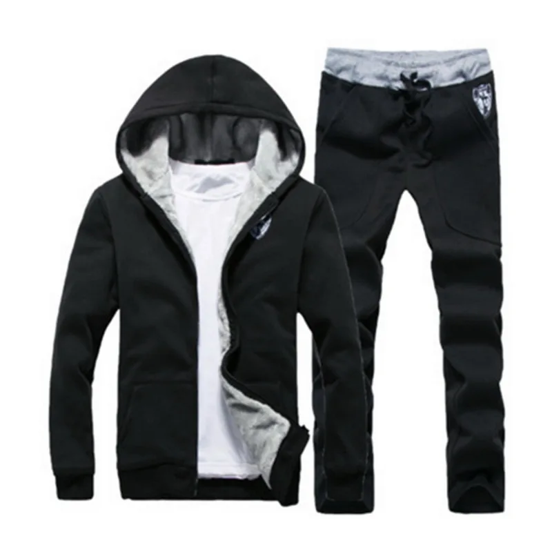 CYSINCOS, зимний мужской комплект, повседневная куртка с капюшоном+ штаны, комплекты из 2 предметов, мужские флисовые толстовки на молнии, спортивный костюм, мужской спортивный костюм, верхняя одежда - Цвет: black
