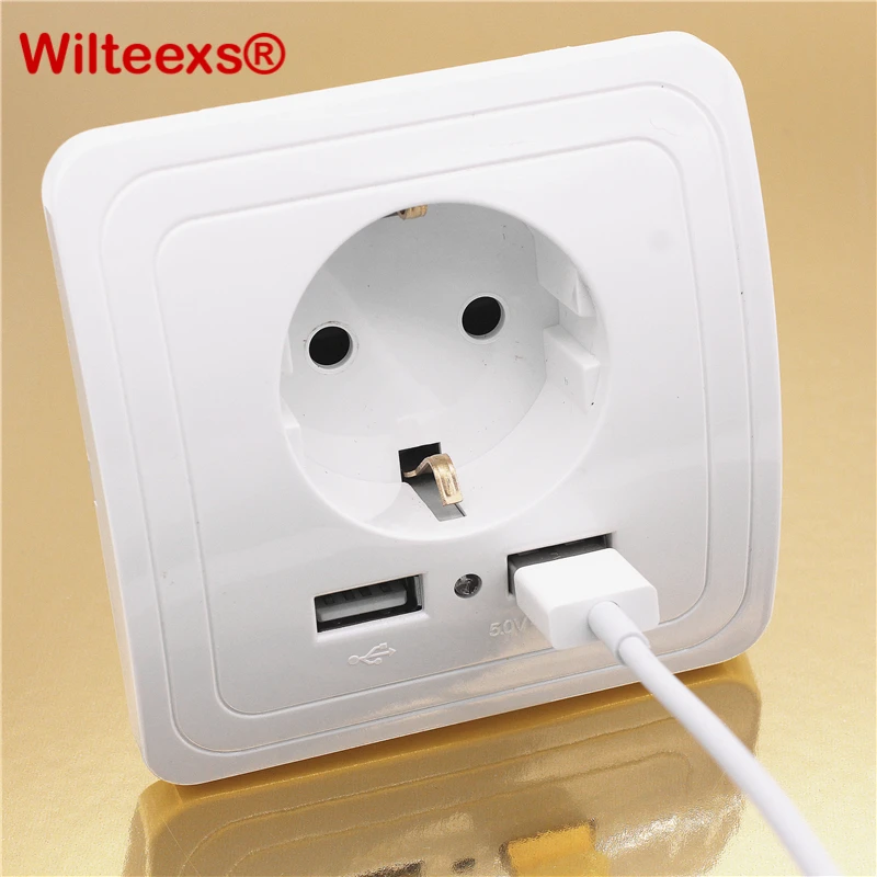 WILTEEXS, двойной USB порт, 5 В, 2 А, электрическое настенное зарядное устройство, адаптер, штепсельная вилка европейского стандарта, выключатель питания, док-станция, зарядная розетка, панель, белый цвет