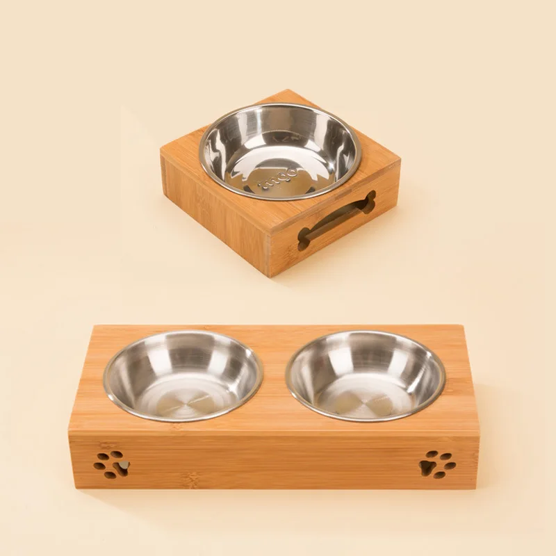 

Chong wu gou wan Bamboo Dish Rack Stainless Steel Bowl Dog Teddy Golden Retriever Rice Basin Food Basin Rice Bowl Single Bowl Do