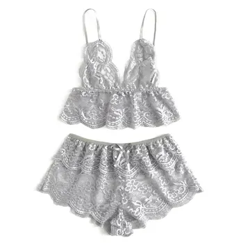 

Women Sexy Lingerie Lace Suit Top+Shorts Lace Wavy Adjustable Strap Elastic Design Bedroom Pajama Sets