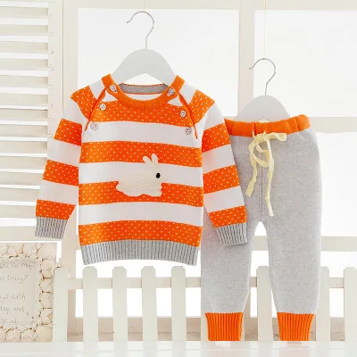 Вязаный хлопковый свитер и штаны для мальчиков и девочек; осенне-зимний комплект теплой одежды для малышей; Детский комплект верхней одежды с рисунком; AA12173 - Цвет: Цвет: желтый