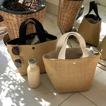 

2020 Casual Rattan Women Handbags Summer Beach Straw Bags Wicker Woven Female Totes New Lady Buckets Bag Trave lTote Purses