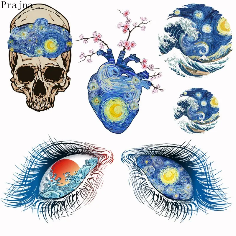 

Prajna Thermal Iron on Transfers Heat Vinyl Transfer For Clothing Patches For Clothes Stripes Starry Night Van Gogh Skull Patch