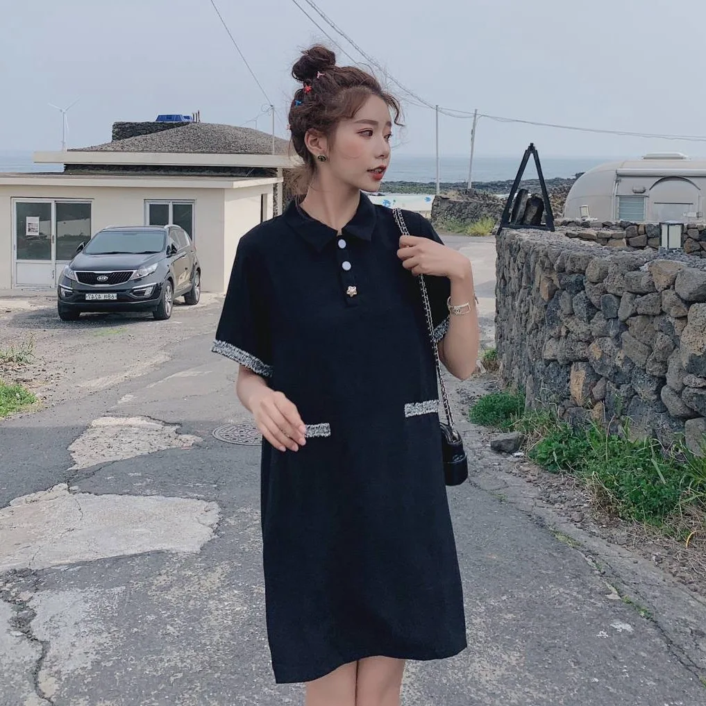 

Photo Shoot CHIC Vigorous GIRL'S Black And White with Pattern Mid-length Polo Shirt Collar Single Breasted Loose-Fit Graceful A-