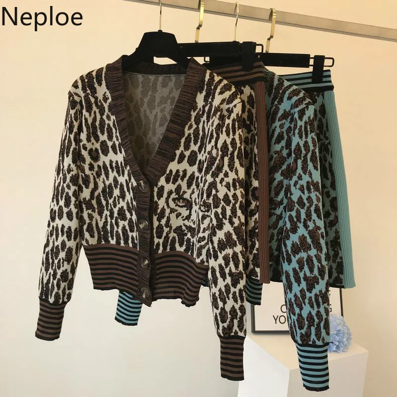 Neploe осень-зима, новинка, стиль «леопард», вязаная Caridgans юбка комплект из двух предметов в западном стиле, модная, свободная, дикий Conjutos De Mujer 46443