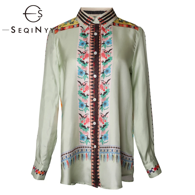 

SEQINYY Silk Shirt 2020 Summer Spring New Fashion Design Women High Quality Long Sleeve Loose Blouse Flower Print