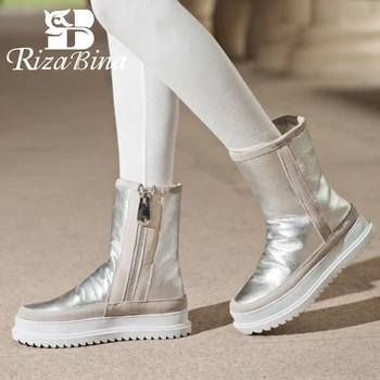 

RIZABINA Real Leather Woman Snow Boots Warm Fur Fashion Platform High Heel Winter Shoes Woman Plush Zip Short Boot Size 34-40