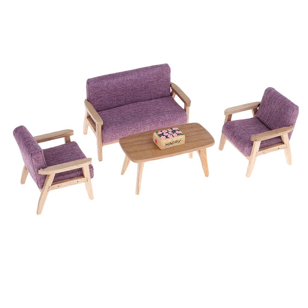 1:12 Scale Dollhouse Wooden End Table Sofa, and Flower Basket 5pcs/set, for Dolls House Living Room Bedroom Decor (Purple)