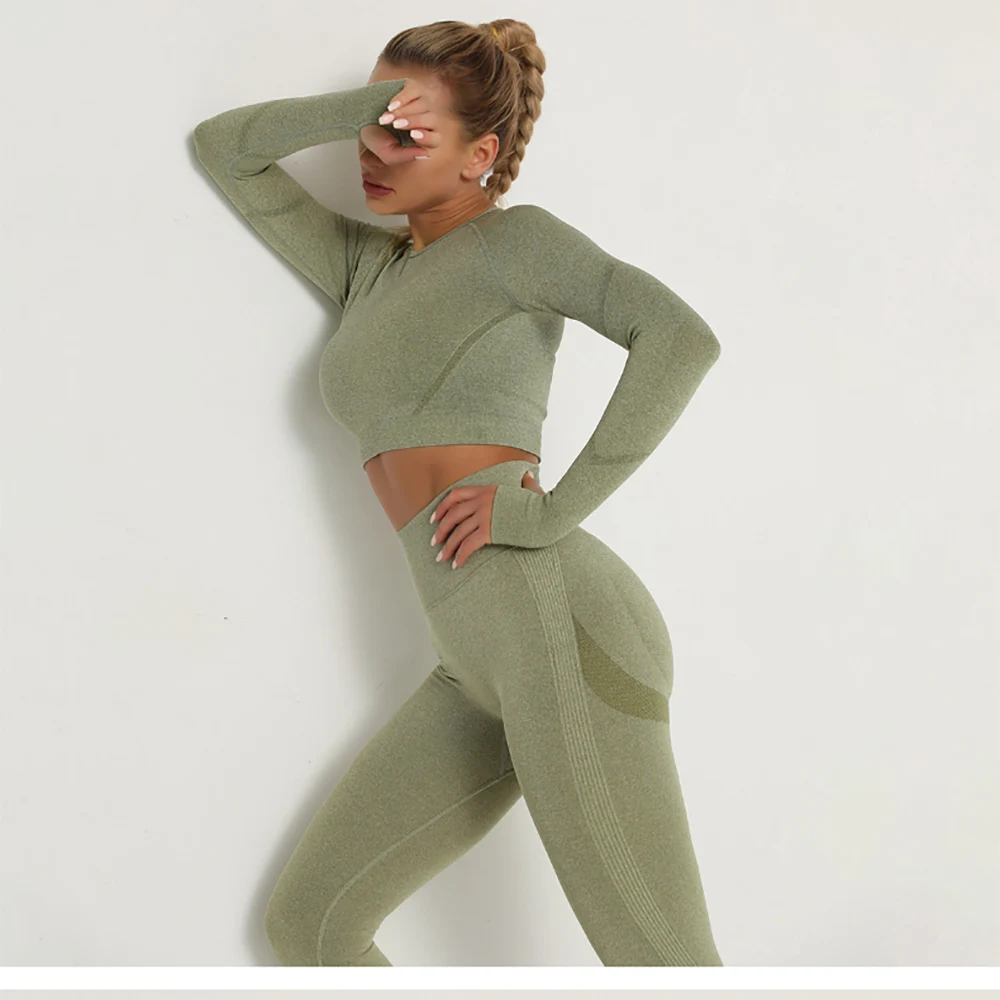 跨境欧美-无缝瑜伽服套装吸汗提臀-高腰健身裤女紧身长袖运动套装-阿里巴巴_23