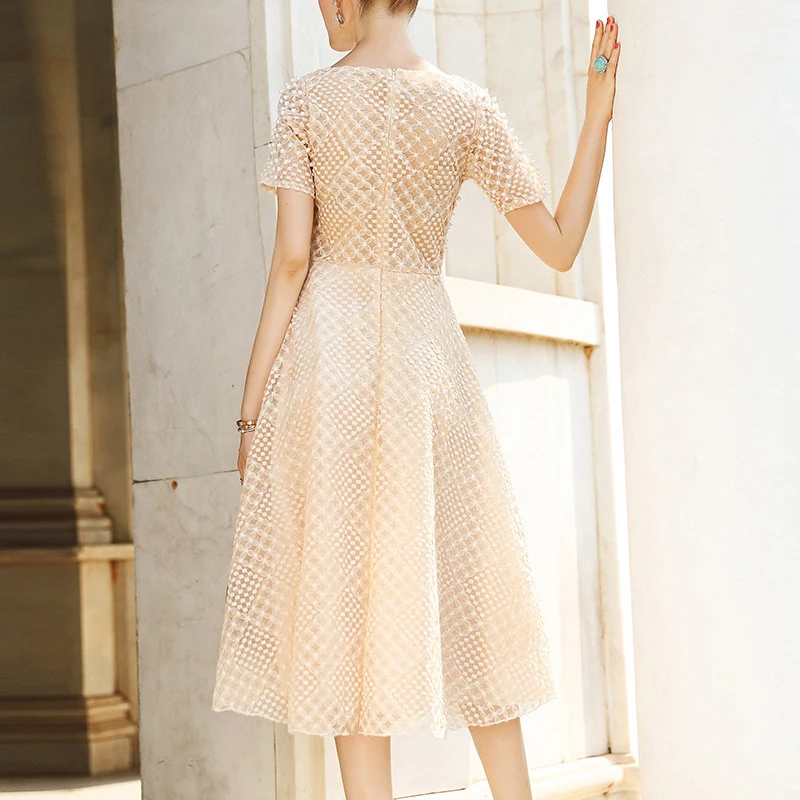 Kaufen Junge Gee Weiß Rosa Spitze Kleid Partei Nette Frauen Elegante Perlen Perlen Stickerei Midi Fee Kleider Schlanke Taille Sommer vestidos