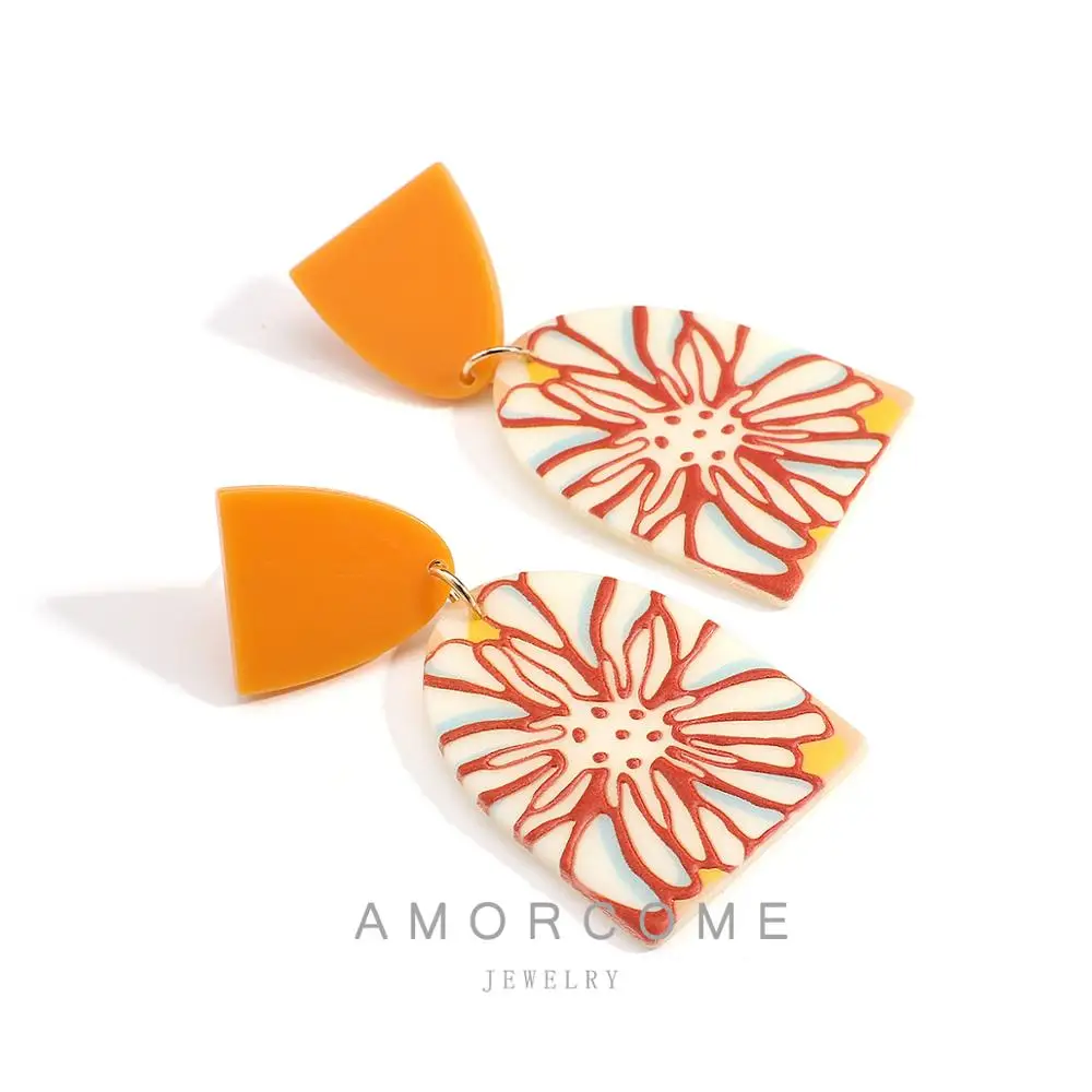 Серьги AMORCOME с акриловым 3D эффектом милые Оранжевые Геометрические серьги