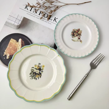 

Vintage Ceramic Nordic Style Dinner Plate Under Glazed Porcelain Dishes Dessert Tray Flower Pattern Tableware Microwave Safe