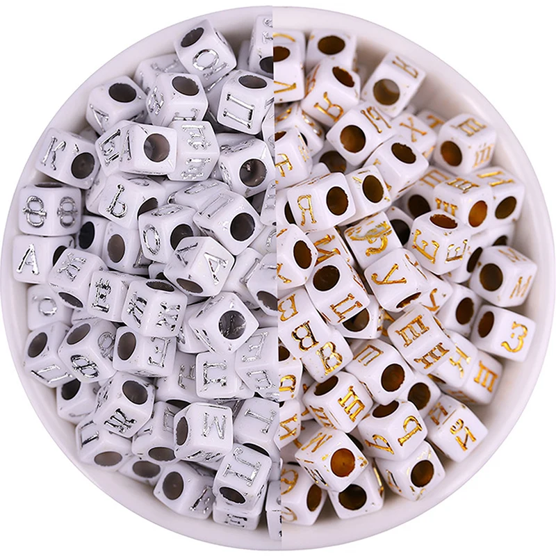 

6X6m 100Pcs Random Mixd Acrylic Beads White Gold Russian Alphabet Letter Beads for Jewelry Making DIY Rattle Pacifier Clip