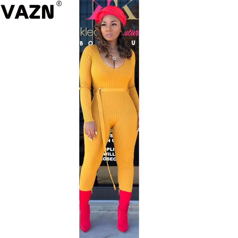 VAZN GYM18320 уличный стиль вечерние Клубные Элегантные Формальные Женский комбинезон с v-образным вырезом без рукавов длинные брюки Комбинезоны Сексуальная ветровка - Цвет: Цвет: желтый