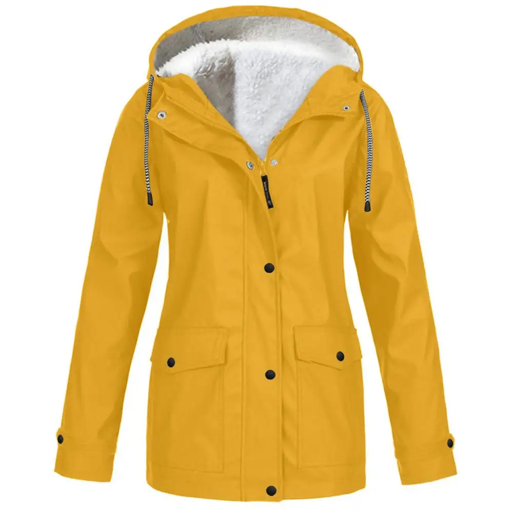 Цвет: желтый Plus Size Women Solid Plush Thickening Waterproof Hooded Jackets Outdoor Raincoat Hiking Windproof Coat For Female Winter - Цвет: Цвет: желтый