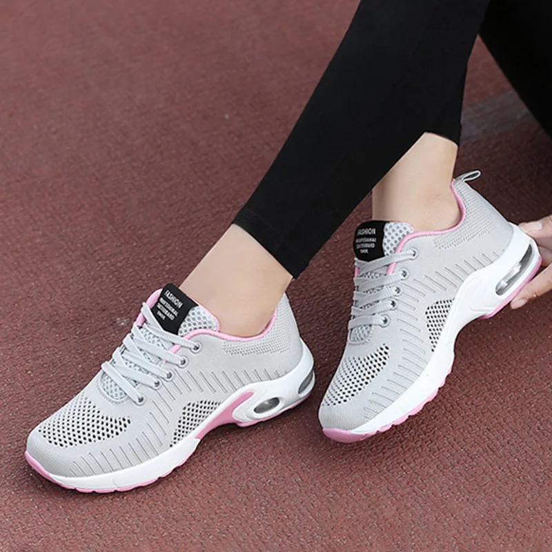 Women Fashion Mesh Breathable Sneakers Lady Flyknit Air Cushion Casual Shoes Solid Non-slip Running Joggers Sport Shoes New