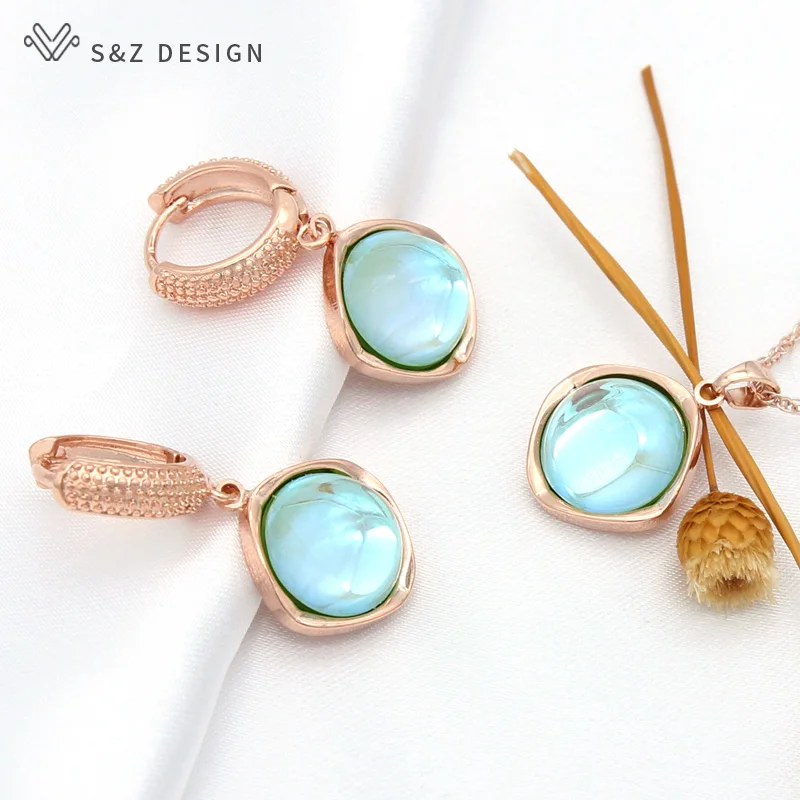 S&Z DESIGN Elegant Round Colorful Crystal Dangle Earrings Jewelry Sets For Women Girls Wedding Party Fashion Pendant Necklace