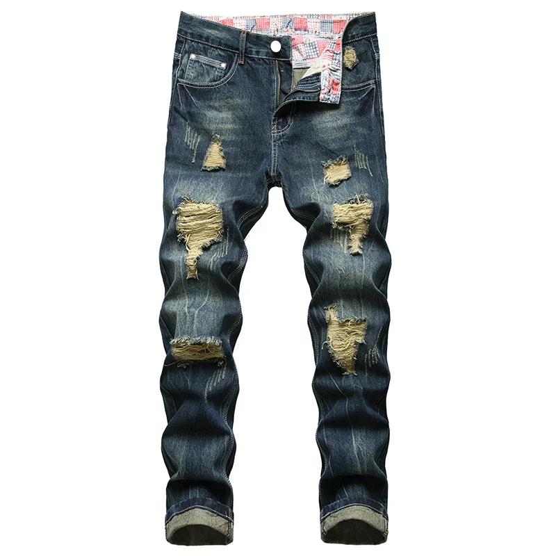 New Casual Mens Vintage Washed Ripped Jeans Fashion Straight  Biker Denim Jeans vaqueros hombre Long Trousers Plus Size  40 42