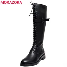 MORAZORA Newest knee high boots women genuine leather shoes round toe lace up zip punk Motorcycle Boots fashion shoes woman