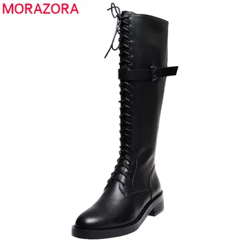

MORAZORA 2020 Newest knee high boots women genuine leather shoes round toe lace up zip punk Motorcycle Boots fashion shoes woman