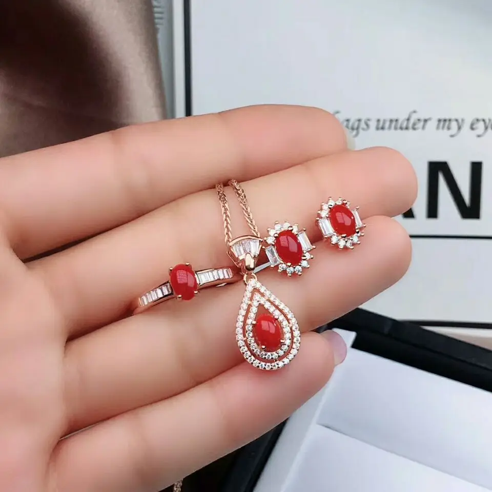 Rose gold plated MeiBaPJ натуральный красный коралловый самоцвет 925 серебряные серьги кольцо подвеска ожерелье 3 шт костюмы хорошие Свадебные украшения наборы для женщин - Цвет камня: Rose gold plated