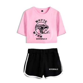 

Riverdale Pop Women's Fashion High Quality Two Piece Set Riverdale Short Sleeve Pink Bare Navel T-Shirt + Black Shorts Set