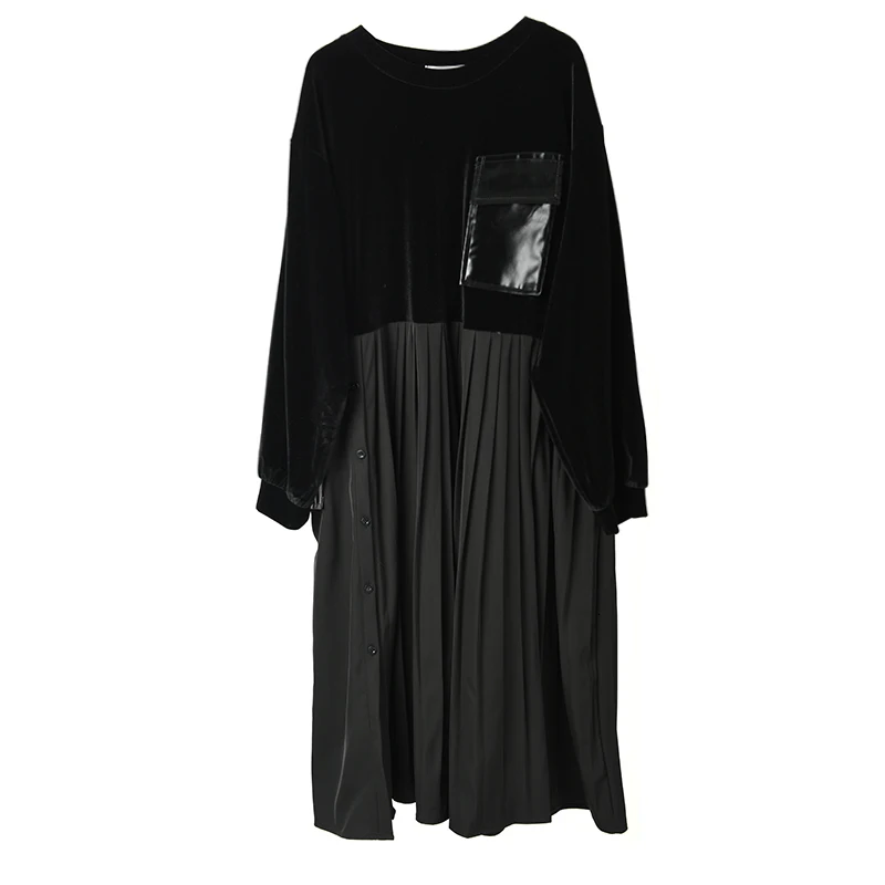 [EAM] женское черное плиссированное платье большого размера с карманами, новинка, круглый вырез, длинный рукав, свободный крой, Мода весна-осень A401-01 - Цвет: Black