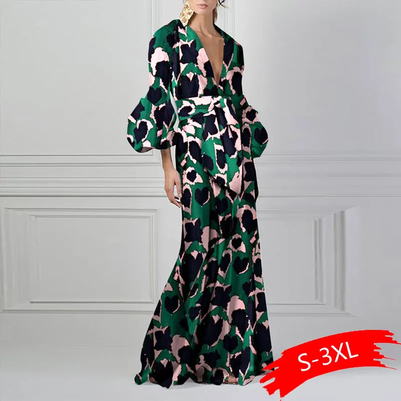 

Vintage Floral Printed Boho Maxi Woman Dress Lantern Sleeve V Neck Beach Dresses Plus Size Party Dress to the Floor Vestido