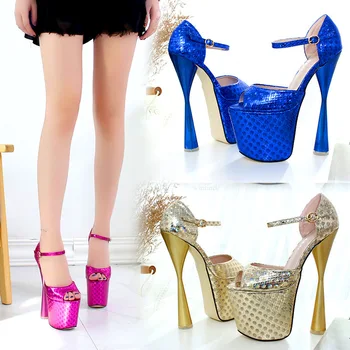 

Ultra High Chunky Heel 19 Cm Nightclub Sandals T Stage Hollow out Large Size WOMEN'S Shoes Sequin Sexy Ultra-High Women's