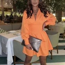 

Casual Woman Orange Slim Hollow Out Shirt Dress 2021 Spring Lacing V Neck Beach Short Dresses Girls High Waisted Dresses