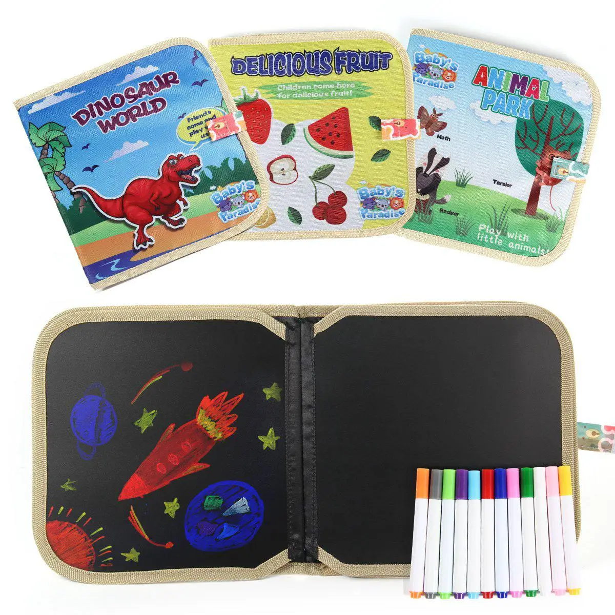 

Portable Soft Chalk Board Drawing Book with 12 Watercolor Pen Zoo Fruit Erasable Graffiti Book DIY Painting Drawing Board Toys