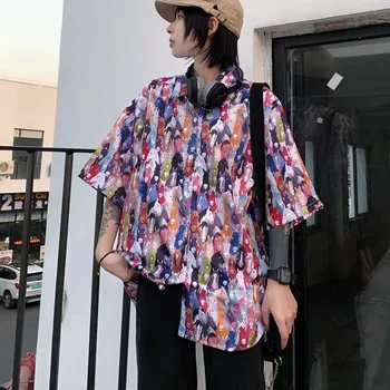 

Chic Colorful Horses Printed Shirts Summer New Short Sleeve Women Blouses Fashion Casual Turn-down Collar Top