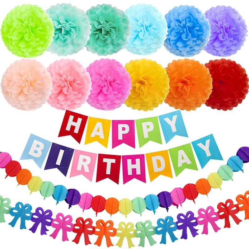 

15pcs Rainbow Party Decoration Adult 10" Pom Pom Paper Happy Birthday Banner Rainbow Paper Garland For Birthday Party Decor Kids