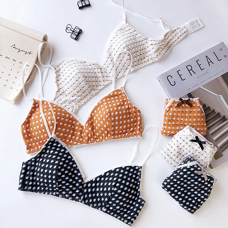 Осенние модные женские комплекты с бюстгальтером для девочек, беспроводное тонкое хлопковое дышащее, удобное нижнее бельё с принтом, комплект нижнего белья для подростков