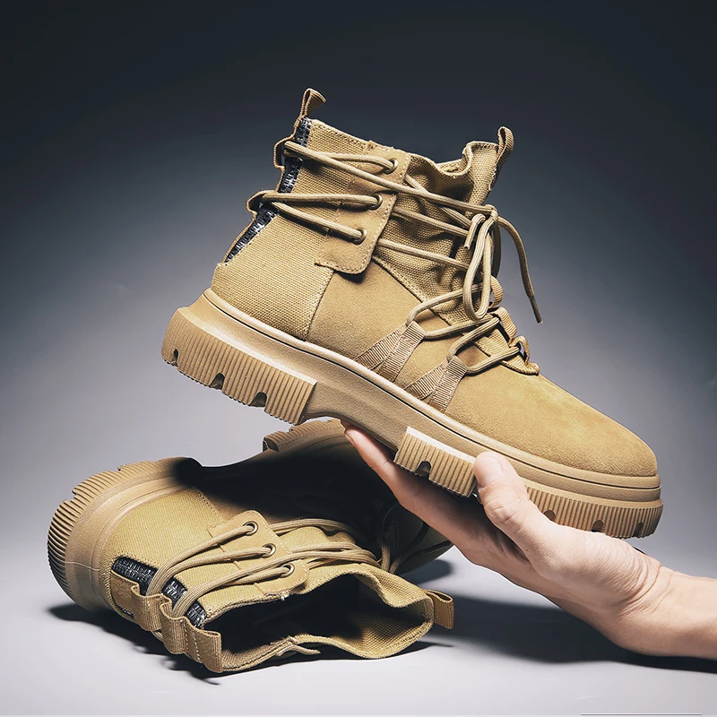 

VastWave Eyelet At Side Suede Man Army Boot Canvas Men's Military boot Surround Lace Male Shoes Safety Combat Soldier Ankle Boot